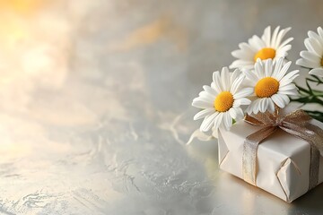 Obraz premium A sophisticated display of daisy and a tastefully wrapped gift on a sleek, light surface for Women's Day.