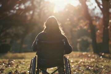 A woman in a wheelchair is sitting in a park. The sun is shining brightly, casting a warm glow on the scene. The woman is enjoying the peaceful atmosphere of the park. AI generated.
