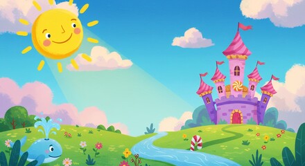Happy Whale and Candy Castle in Sunny Meadow Illustration