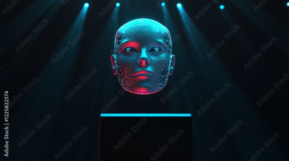 Poster ai or artificial intelligence in image robot head hover over podium in virtual cyberspace. humanoid 