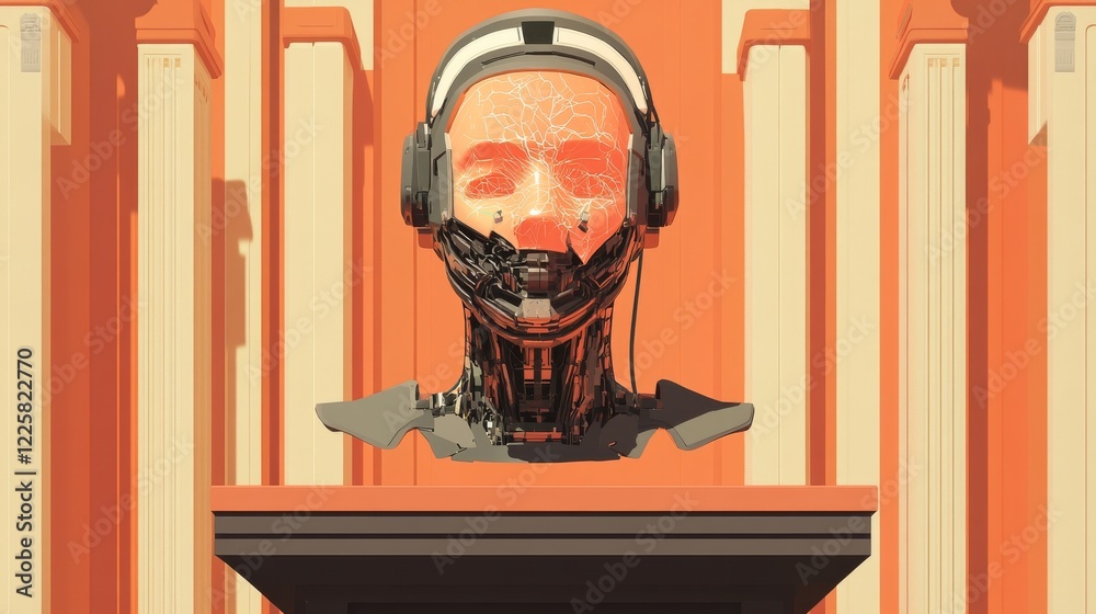 Poster ai or artificial intelligence in image robot head hover over podium in virtual cyberspace. humanoid 