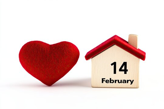 Valentine's Day idea, Happy Valentine's Day message, Valentine's Day scene. A wooden calendar block displaying February with two red hearts, on a white wooden surface