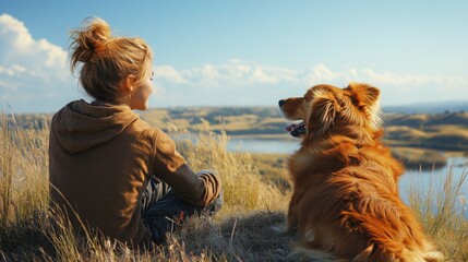 A young girl enjoys the company of her golden retriever, both watching the tranquil lake and distant hills under a clear blue sky during a bright afternoon.