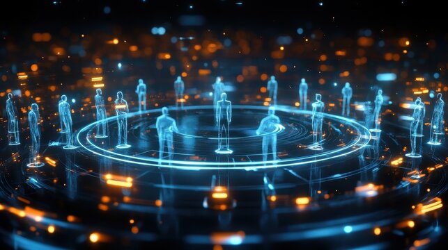 A luminescent circular arena where holographic figures engage in debates and discussions symbolizing the importance of dialogue in education and leadership development.