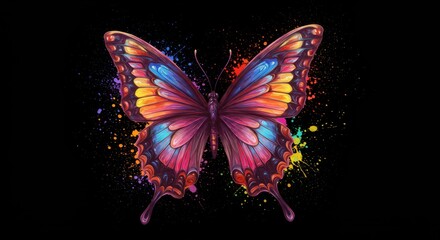 Vibrant butterfly illustration with colorful splashes on a dark background