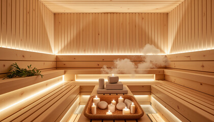 Aromatic steam in luxury spa with wooden accents, serene relaxation