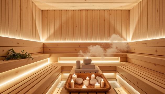 Aromatic steam in luxury spa with wooden accents, serene relaxation