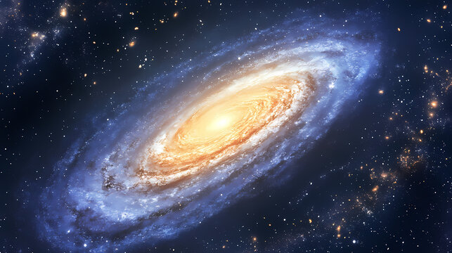 A dazzling galaxy with golden hues shines brightly, casting a captivating aura in the vast starry backdrop, inviting endless exploration of its celestial wonders. Eternal Sky. Illustration