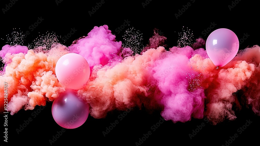 Wall mural   A cluster of balloons drifting in mid-air with pink and red smoke emanating from their bases