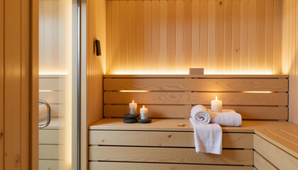 Sophisticated spa sauna with soft lighting and wood textures, luxury retreat