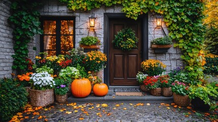 Obraz premium Autumnal home entrance, stone facade, floral decor, fall leaves