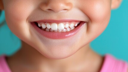 Fototapeta premium Child's bright smile, teal background, healthy teeth, dental care