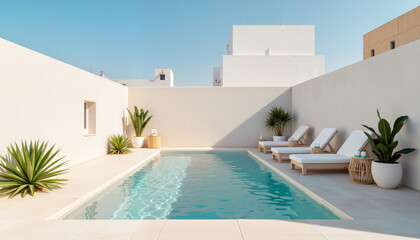 Obraz premium Serene rooftop pool with loungers in minimalist spa garden, relaxation