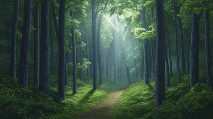 Obraz premium Artistic natural elements misty forest path bathed in gentle sunlight weaving through vibrant foliage encouraging adventure and harmony with surroundings.