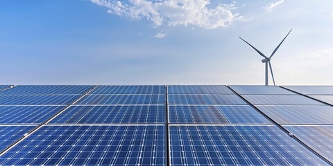 Award-winning innovations in sustainable energy technology with vibrant solar panels and wind turbines set against a clear blue sky.