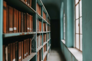 Obraz premium Cobweb-Covered Bookshelves in an Abandoned Library