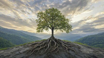 Business resilience strategies illustrated by a strong tree weathering a storm. Focus on roots symbolizing stability and strength against adversity.