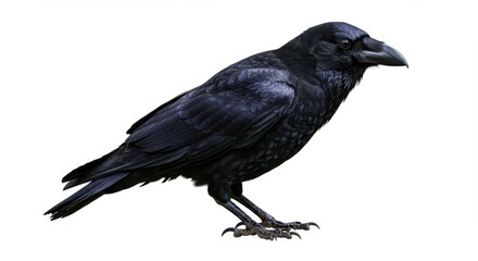 Fototapeta premium Black raven perched gracefully, showcasing its sleek feathers and keen gaze