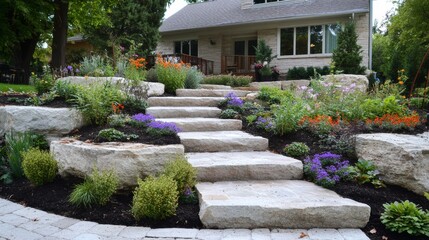 Obraz premium Natural stone landscaping in home garden with steps and flowerbeds