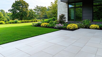 Obraz premium Modern home patio, lush garden, tranquil landscape, outdoor living space