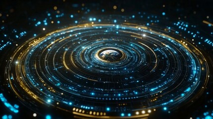 Hologram of futuristic planet Earth with digital glowing map of dots. Hi-tech HUD circles. Abstract rings in the orbit with stars on dark background. Global communication system. Vector. EPS 10
