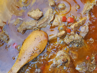 Close-up of bubbling beef stew with wooden spoon