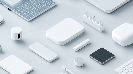 Modern devices lying on clean background forming a pattern