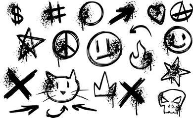 Graffiti art, urban spray doodle sticker. Black crown, arrow, heart paint graphic. Grunge abstract line brush drawing