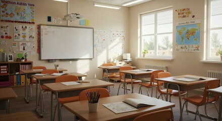 Bright and Sunny Classroom Scene with Orange Desks and Whiteboard