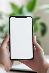 Businesswoman holding smartphone with blank screen for copy space