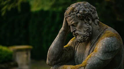 Moss-Covered Stone Statue in Contemplation