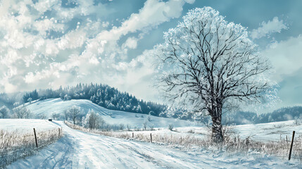 Obraz premium Stunning winter landscape featuring frosted glacial clear blue sparkling snow covering refreshing crispness breathtaking beauty, tree, sky, nature. Frosted Ridge. Illustration