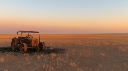 Fototapeta premium Abandoned Tractors in a Vast, Empty Landscape at Sunset
