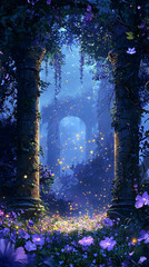 wallpaper with ancient stone pillars covered in moss and ivy, framing a meadow where fireflies gently flit across oversized purple flowers. 