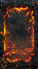 RPG-themed wallpaper frame with dark obsidian borders cracked by glowing lava veins. Skeletal warriors clutch ancient weapons while jagged mountain peaks guard the corners
