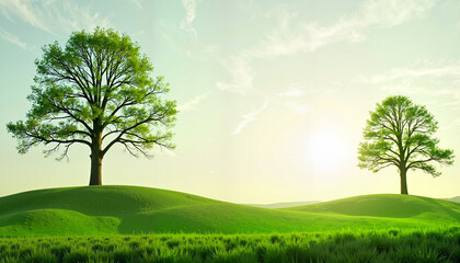 Fototapeta premium Two trees on rolling green hills under bright sunlight