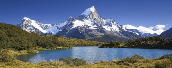 Majestic mountain range with crystal-clear lakes, showcasing pristine nature and encouraging sustainable practices in untouched wilderness.