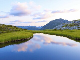 Fototapeta premium Glorious peaks mirrored in tranquil waters as twilight descends, casting a warm glow over the landscape.