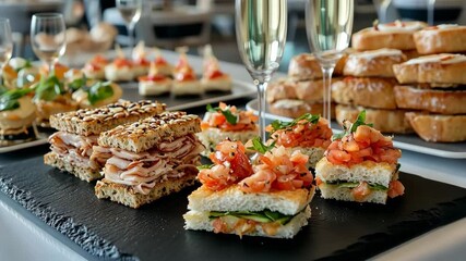 A colorful array of gourmet sandwiches and elegant sparkling drinks is presented in a sophisticated setting. Guests enjoy the vibrant dishes and refined atmosphere, ideal for gatherings.