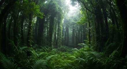 Obraz premium Lush Rainforest Scene Sunlight Through Canopy Green Forest