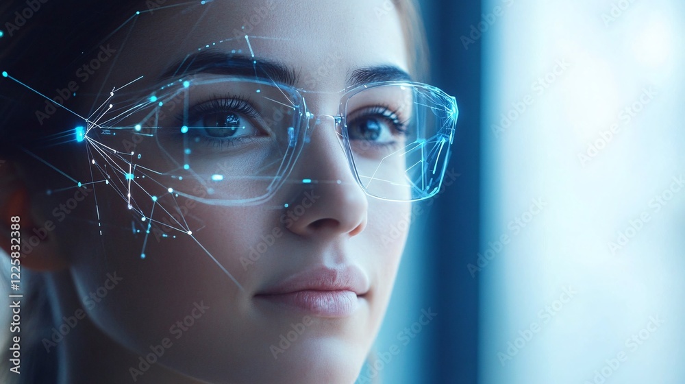 Poster businesswoman wearing smart glasses analyzing data points network connection