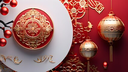 A minimalist Lunar Happy New Year background featuring modern red and gold elements, Greeting card.