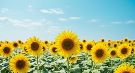 Fototapeta premium Vibrant Sunflower Field Under Sunny Sky Beautiful Summer Nature Photography