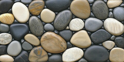 Smooth river stones arranged in artistic patterns reflecting serene elegance and inviting tranquility.