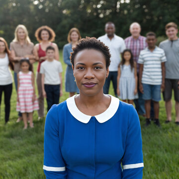 Mujer afroamericana al frente de su familia posando en un jard&iacute;n.