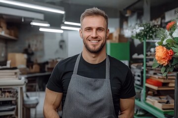 Fototapeta premium florist is a man in a black apron and with a smile on his face. He stands in front of a potted plant. plant and flower shop