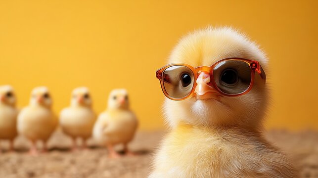 Cool baby chick sporting stylish sunglasses enjoys a fun day at the sunny farm with friends