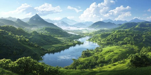 Fototapeta premium Whimsical portrayal of a river meandering through a vibrant valley, featuring playful reflections and enchanting details celebrating nature's beauty.