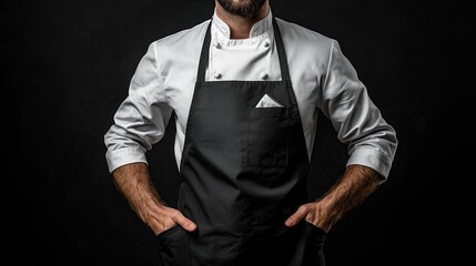 Chef in elegant black apron and white uniform embodies culinary passion in a studio setting, showcasing professionalism and style