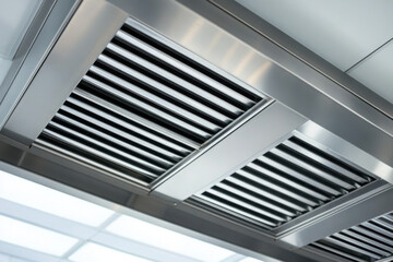 Obraz premium Stainless steel kitchen exhaust hood installed in modern commercial kitchen for improved ventilation and safety 